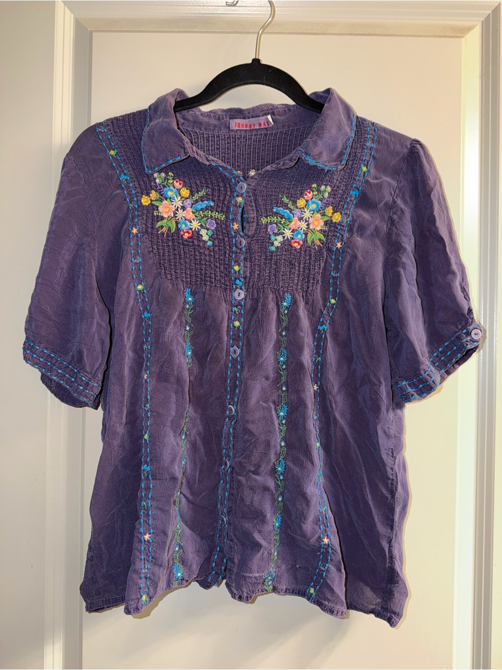 Johnny Was Embroidered Purple Button-Front Women's Top